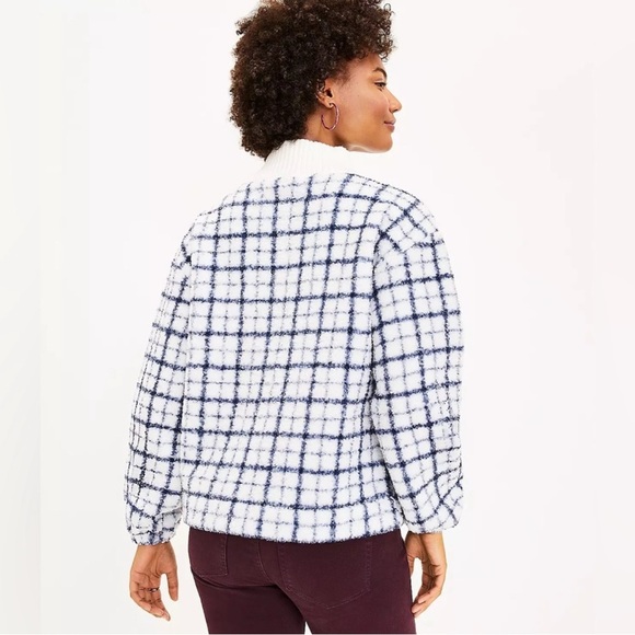 LOFT Windowpane Plaid Trim Sherpa Pullover Whisper White Size M - Picture 3 of 9